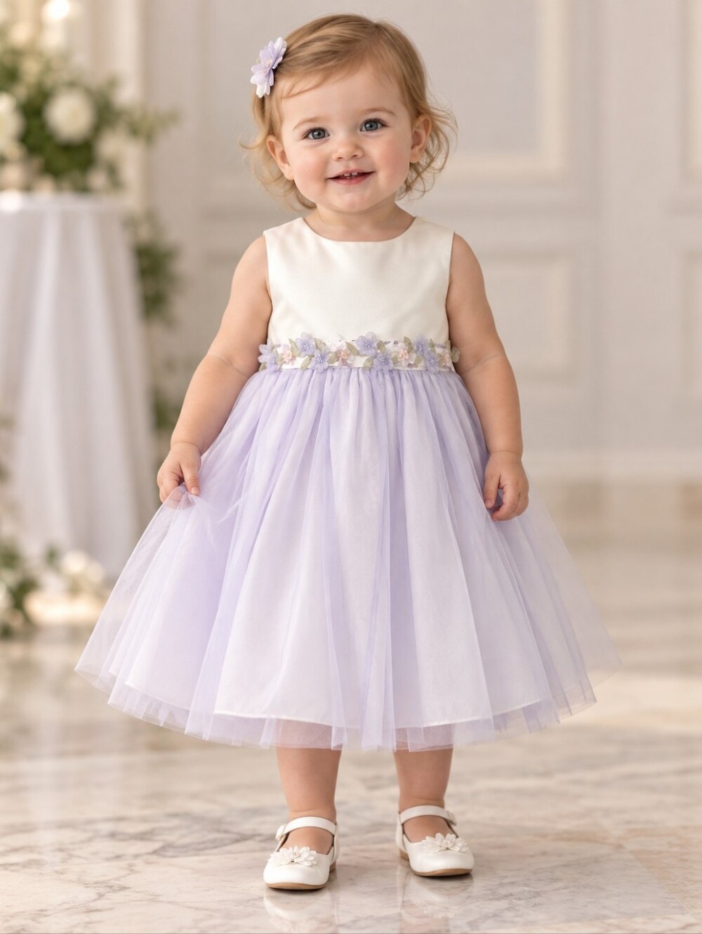 NWT Joan Calabrese Designer Ivory 3D Floral Beaded Tulle Flower Girl Dress 12M